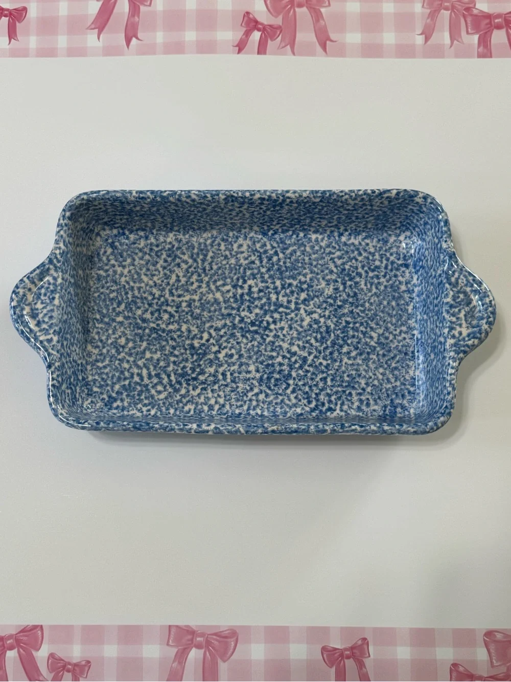 Vintage Los Angeles Potteries Ovenware Blue Stipple Spongeware Loaf Pan Serving
